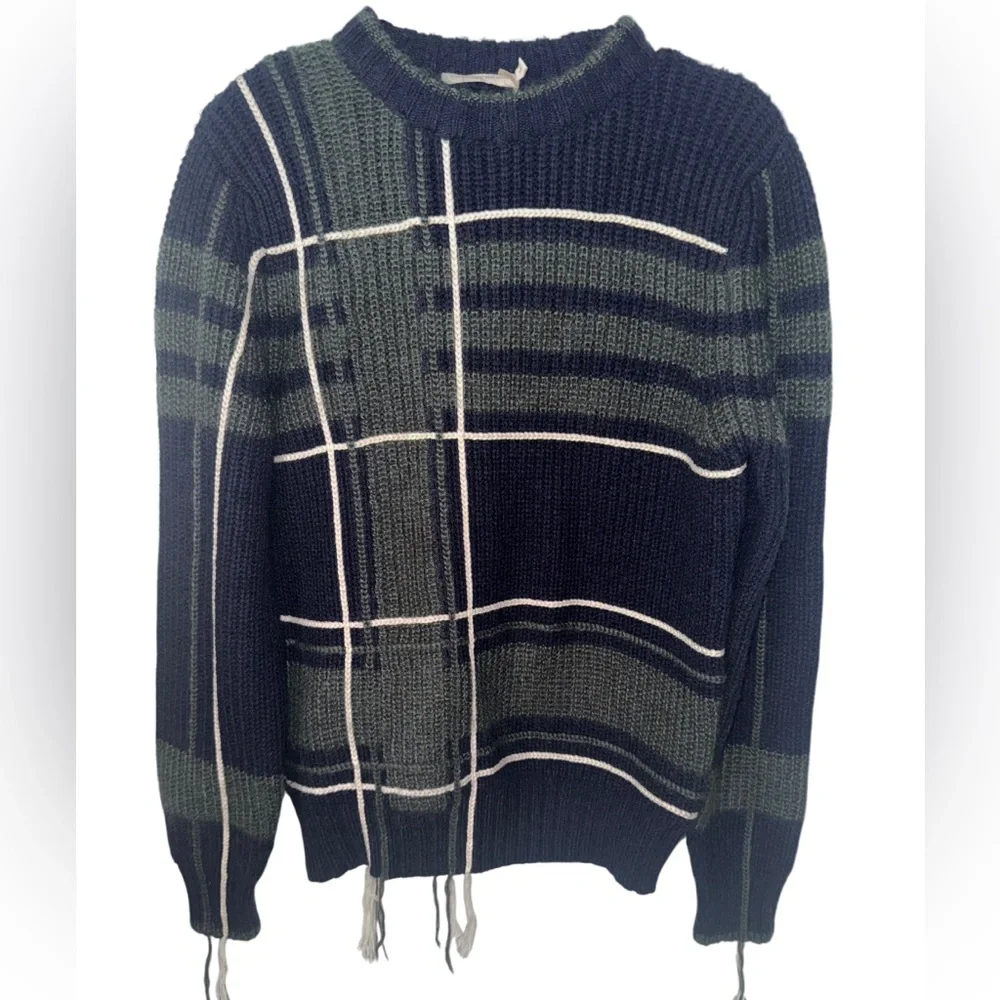 Tory Burch Eden plaid green and blue wool‎ blend Fuzzy Yarn-Trim Plaid Sweater